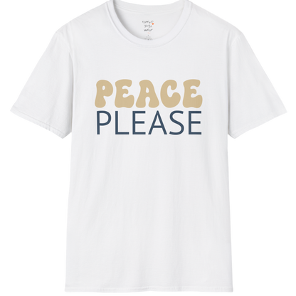 Wavy retro "Peace Please" typography design on White tee — The Vault collection by Ramro Yoga Wear
