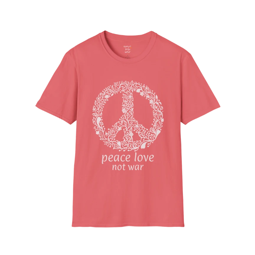 Vintage floral peace symbol design with "peace love not war" text — The Vault collection by Ramro Yoga Wear — Coral Silk
