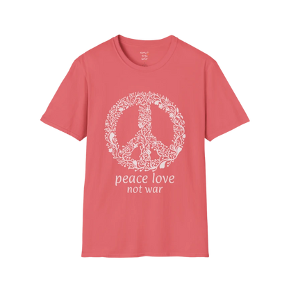 Vintage floral peace symbol design with "peace love not war" text — The Vault collection by Ramro Yoga Wear — Coral Silk