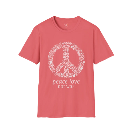 Coral Silk Peace T-Shirt with vintage peace sign artwork and calming spiritual aesthetic.