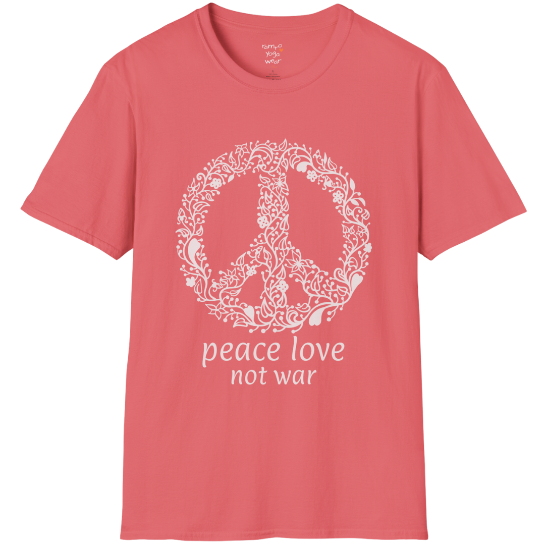 Vintage floral peace symbol design with "peace love not war" text — The Vault collection by Ramro Yoga Wear — Coral Silk