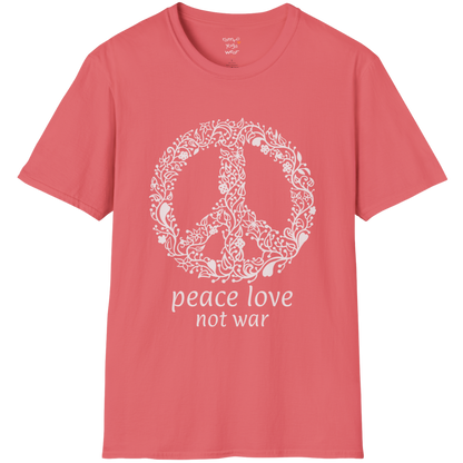 Vintage floral peace symbol design with "peace love not war" text — The Vault collection by Ramro Yoga Wear — Coral Silk
