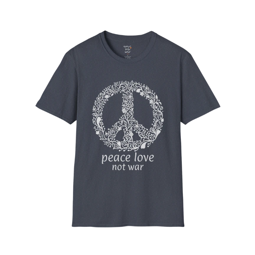 Vintage floral peace symbol design with "peace love not war" text — The Vault collection by Ramro Yoga Wear — Heather Navy