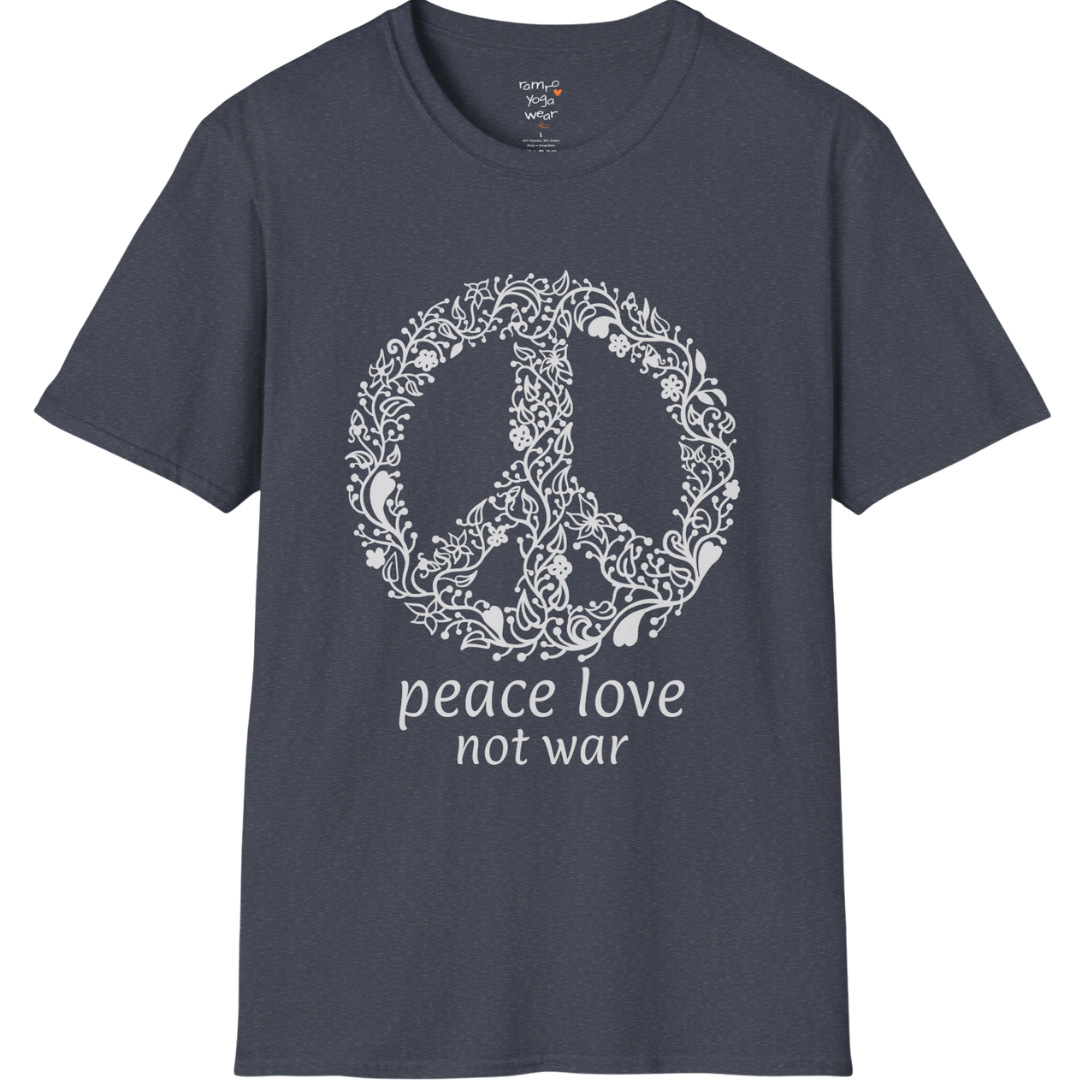 Vintage floral peace symbol design with "peace love not war" text — The Vault collection by Ramro Yoga Wear — Heather Navy