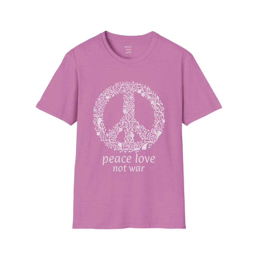 Vintage floral peace symbol design with "peace love not war" text — The Vault collection by Ramro Yoga Wear — Heather Radiant Orchid