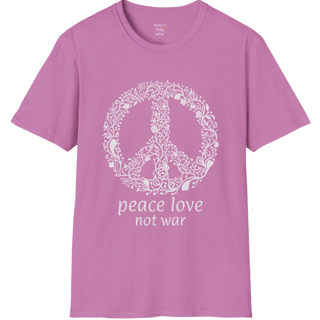Vintage floral peace symbol design with "peace love not war" text — The Vault collection by Ramro Yoga Wear — Heather Radiant Orchid