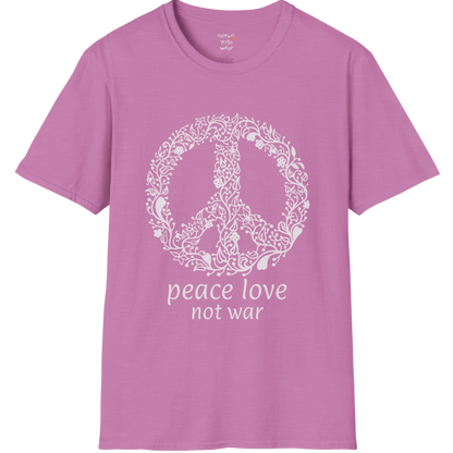 Vintage floral peace symbol design with "peace love not war" text — The Vault collection by Ramro Yoga Wear — Heather Radiant Orchid