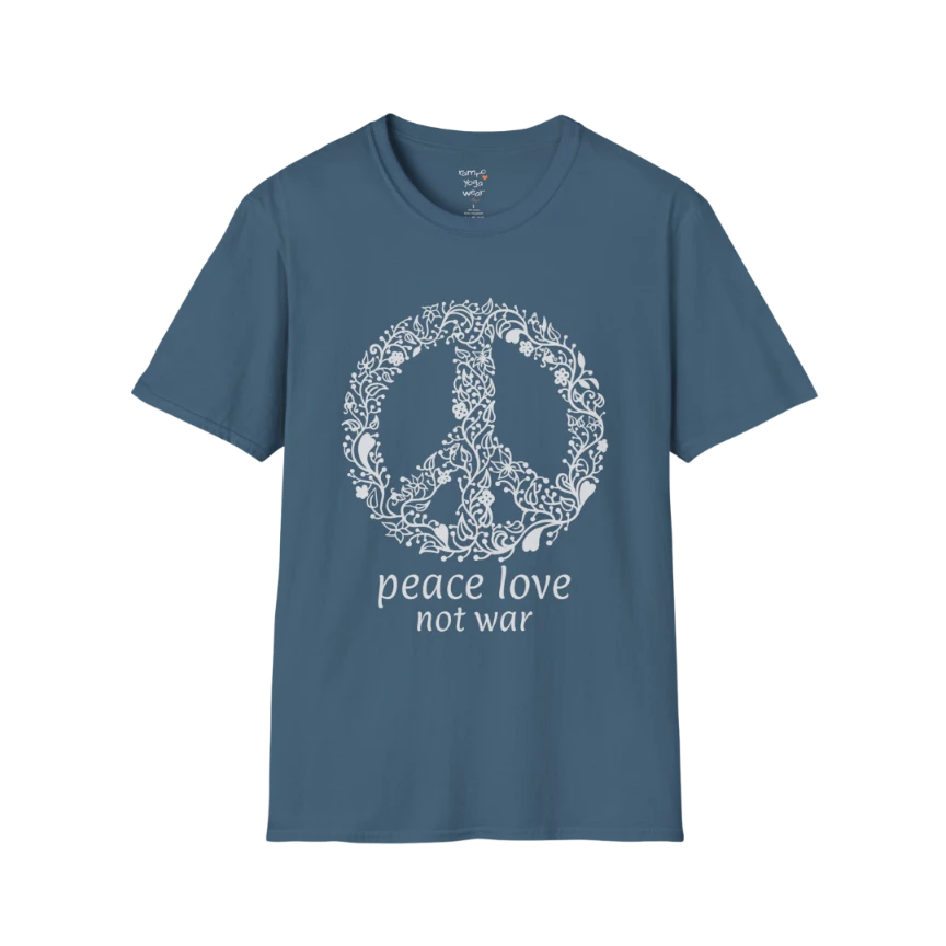 Vintage floral peace symbol design with "peace love not war" text — The Vault collection by Ramro Yoga Wear — Indigo Blue