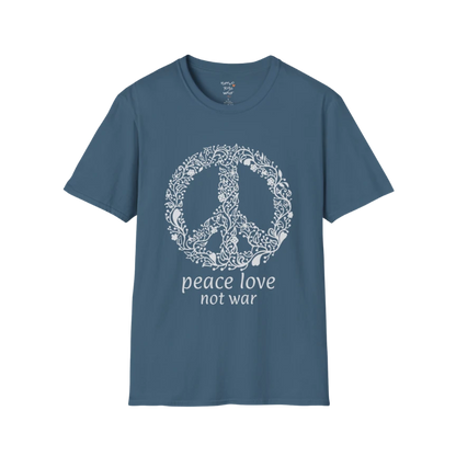 Vintage floral peace symbol design with "peace love not war" text — The Vault collection by Ramro Yoga Wear — Indigo Blue