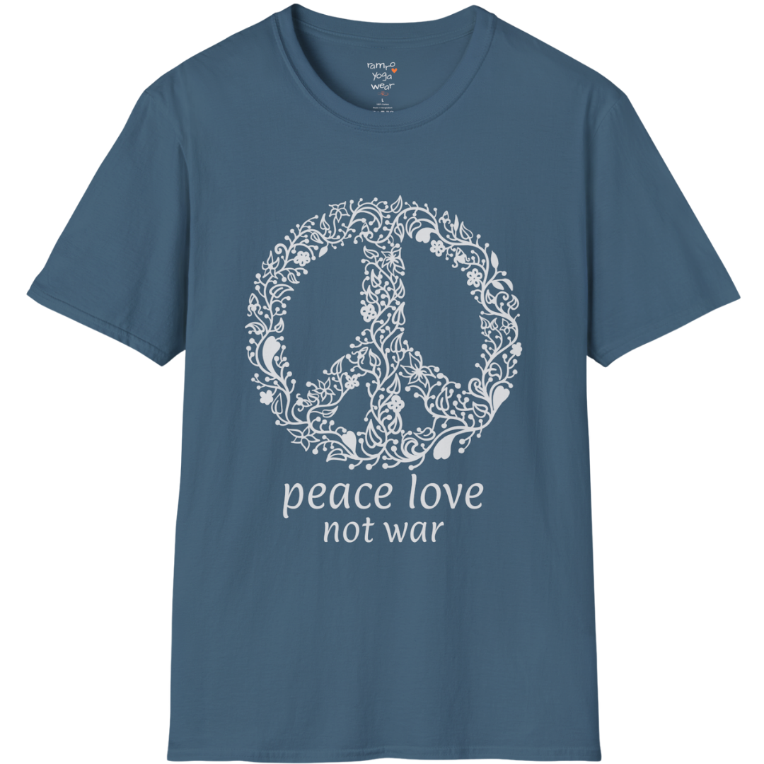 Vintage floral peace symbol design with "peace love not war" text — The Vault collection by Ramro Yoga Wear — Indigo Blue