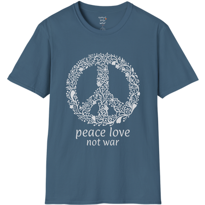 Vintage floral peace symbol design with "peace love not war" text — The Vault collection by Ramro Yoga Wear — Indigo Blue