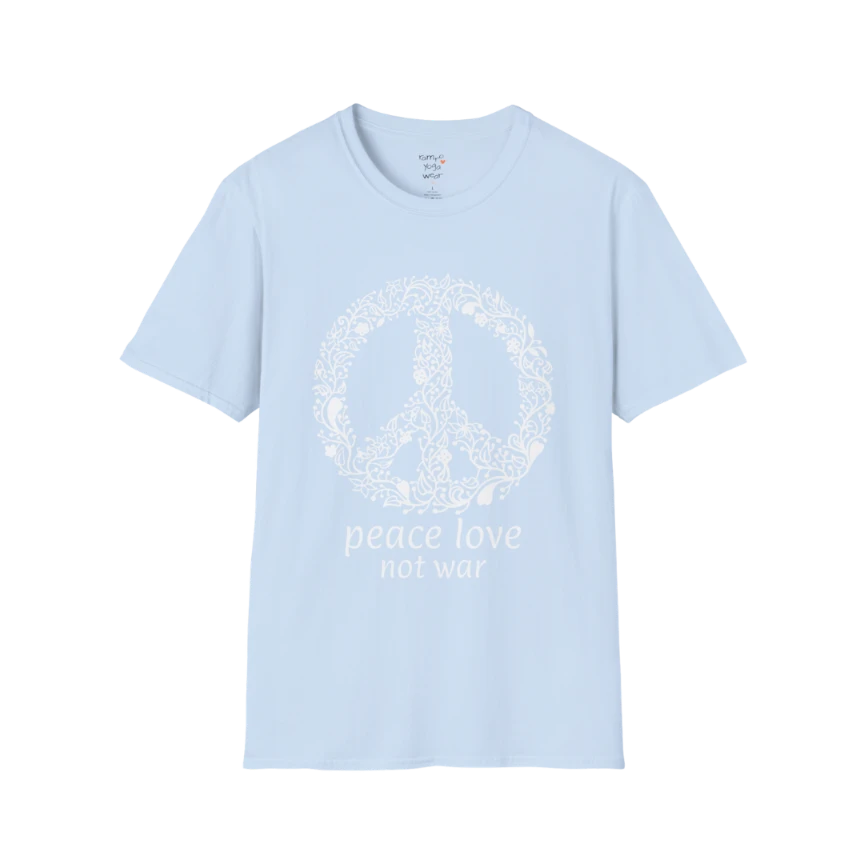 Vintage floral peace symbol design with "peace love not war" text — The Vault collection by Ramro Yoga Wear — Light Blue