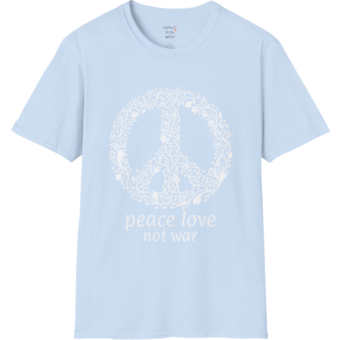 Vintage floral peace symbol design with "peace love not war" text — The Vault collection by Ramro Yoga Wear — Light Blue