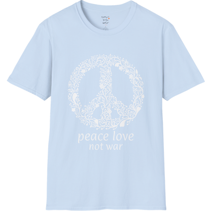 Vintage floral peace symbol design with "peace love not war" text — The Vault collection by Ramro Yoga Wear — Light Blue
