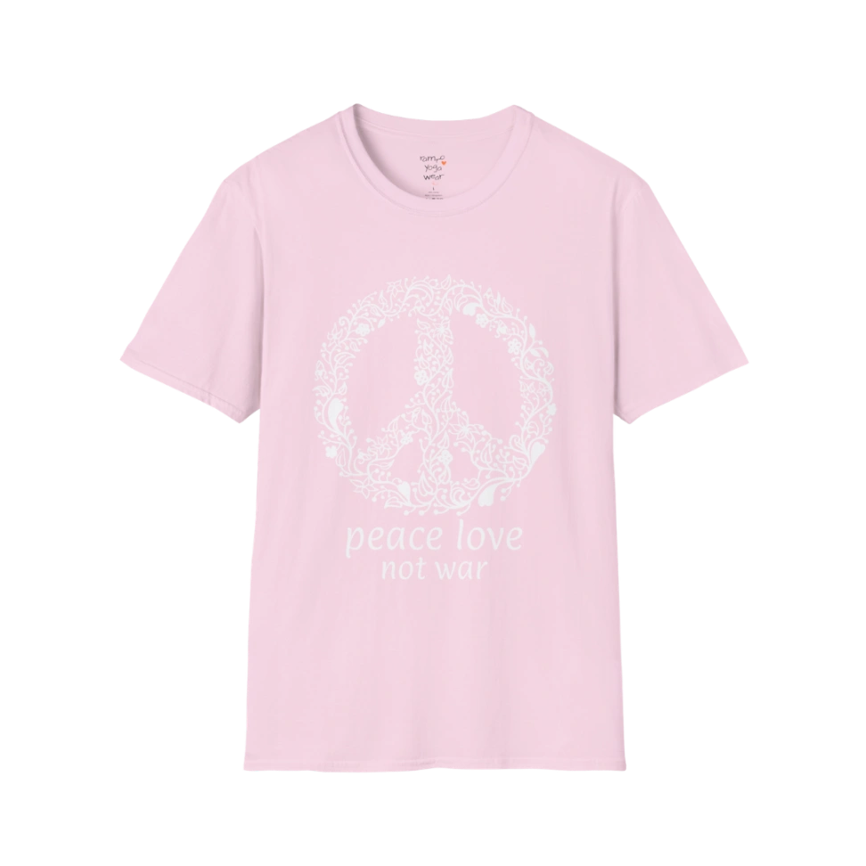 Vintage floral peace symbol design with "peace love not war" text — The Vault collection by Ramro Yoga Wear — Light Pink