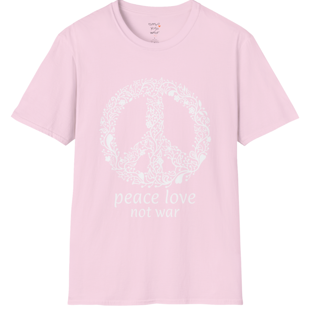 Vintage floral peace symbol design with "peace love not war" text — The Vault collection by Ramro Yoga Wear — Light Pink