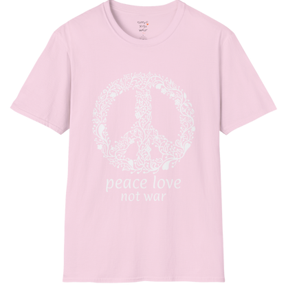 Vintage floral peace symbol design with "peace love not war" text — The Vault collection by Ramro Yoga Wear — Light Pink