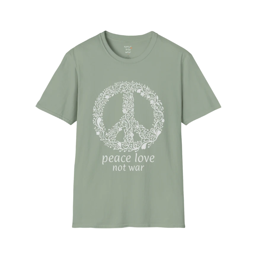 Vintage floral peace symbol design with "peace love not war" text — The Vault collection by Ramro Yoga Wear — Sage
