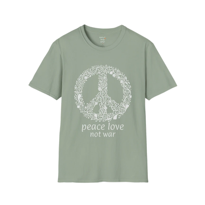 Vintage floral peace symbol design with "peace love not war" text — The Vault collection by Ramro Yoga Wear — Sage