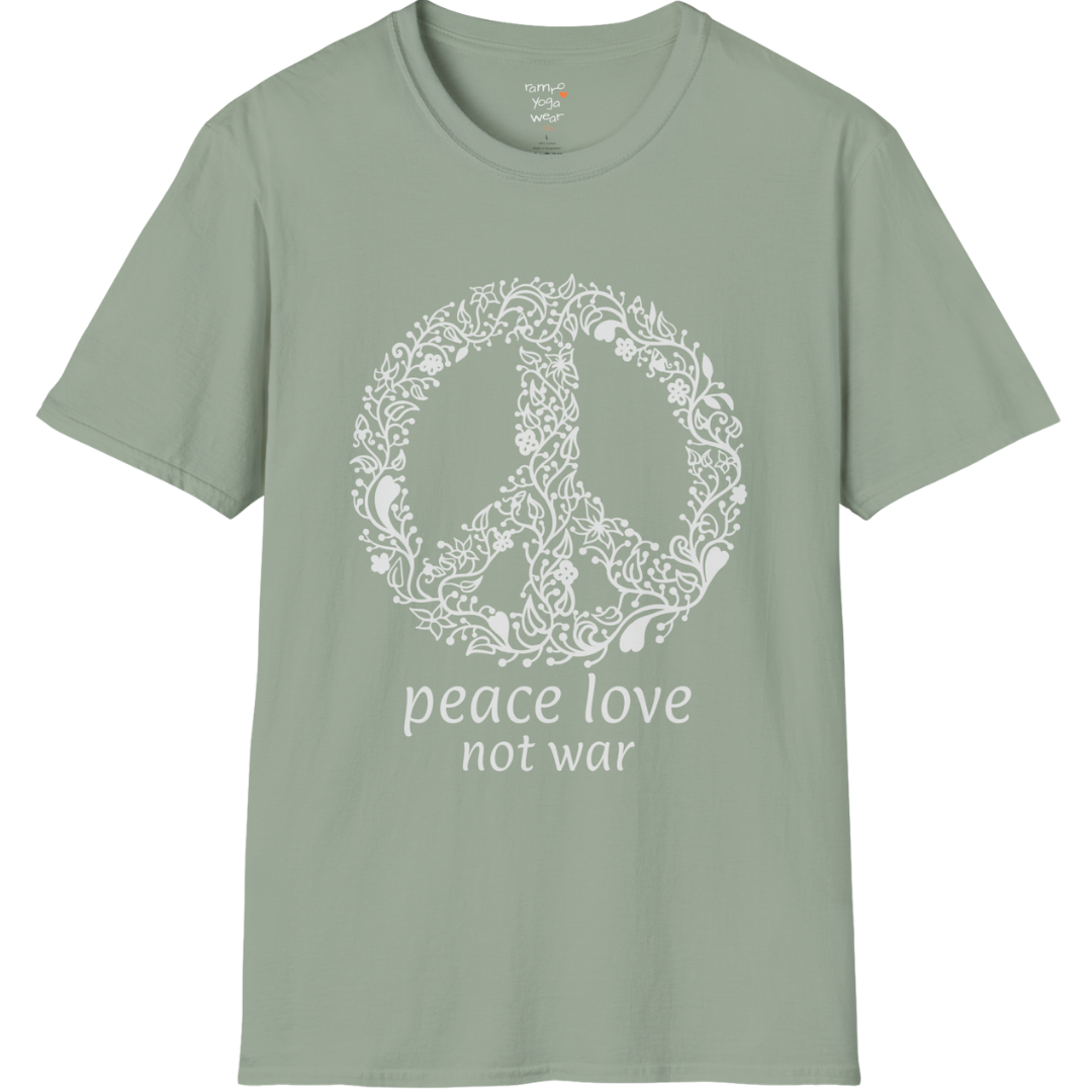 Vintage floral peace symbol design with "peace love not war" text — The Vault collection by Ramro Yoga Wear — Sage