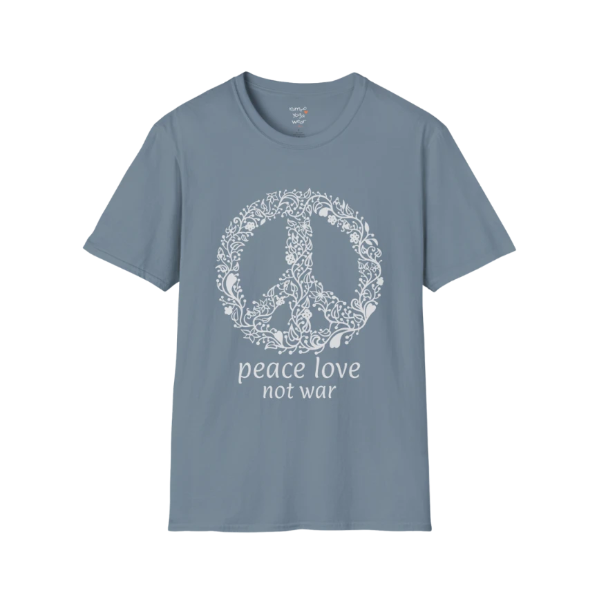 Vintage floral peace symbol design with "peace love not war" text — The Vault collection by Ramro Yoga Wear — Stone Blue