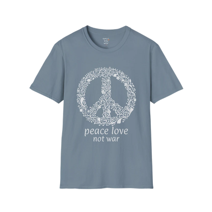 Vintage floral peace symbol design with "peace love not war" text — The Vault collection by Ramro Yoga Wear — Stone Blue