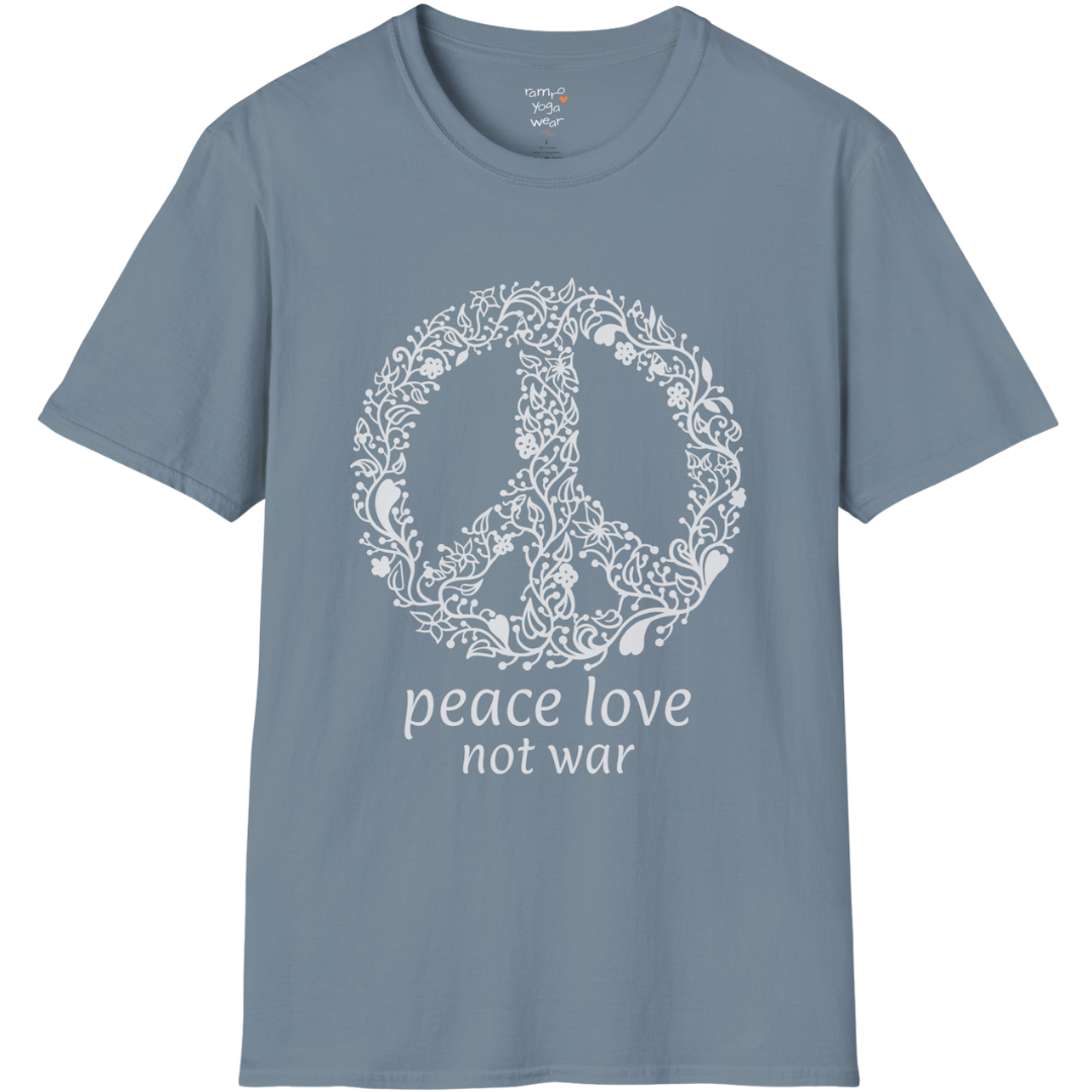 Vintage floral peace symbol design with "peace love not war" text — The Vault collection by Ramro Yoga Wear — Stone Blue