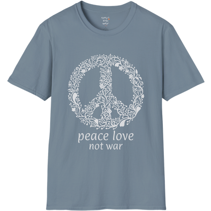 Vintage floral peace symbol design with "peace love not war" text — The Vault collection by Ramro Yoga Wear — Stone Blue