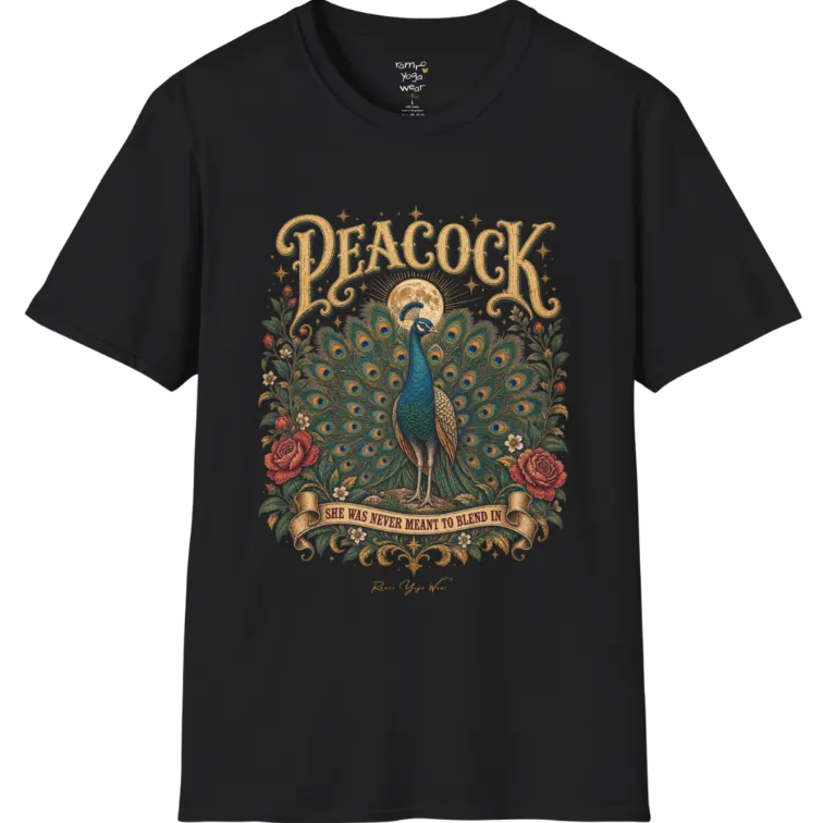A short sleeved tee illustration of a Peacock with full tail fan beneath a glowing moon, full-color vintage poster art with "She Was Never Meant To Blend In" banner — Wild Animals collection by Ramro Yoga Wear in Black.