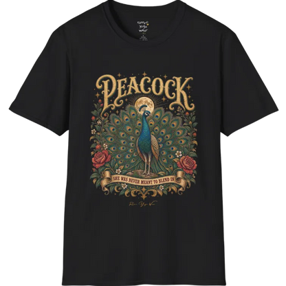 A short sleeved tee illustration of a Peacock with full tail fan beneath a glowing moon, full-color vintage poster art with "She Was Never Meant To Blend In" banner — Wild Animals collection by Ramro Yoga Wear in Black.