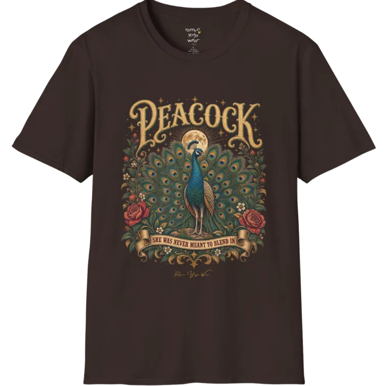 A short sleeved tee illustration of a Peacock with full tail fan beneath a glowing moon, full-color vintage poster art with "She Was Never Meant To Blend In" banner — Wild Animals collection by Ramro Yoga Wear in Dark Chocolate.