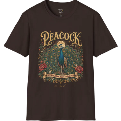 A short sleeved tee illustration of a Peacock with full tail fan beneath a glowing moon, full-color vintage poster art with "She Was Never Meant To Blend In" banner — Wild Animals collection by Ramro Yoga Wear in Dark Chocolate.