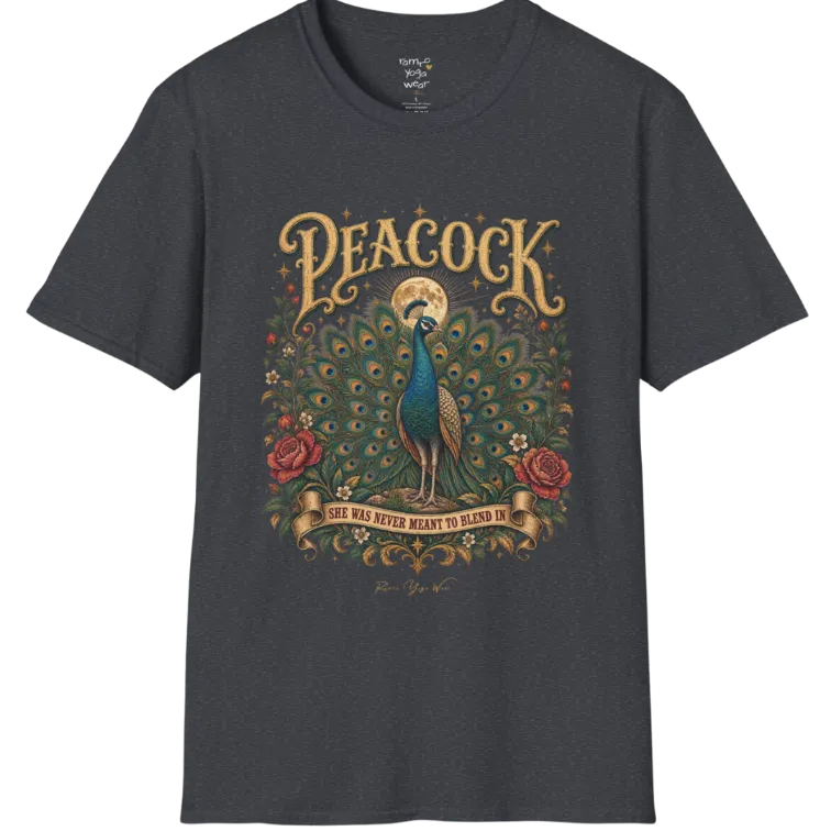 A short sleeved tee, illustration of a Peacock with full tail fan beneath a glowing moon, full-color vintage poster art with "She Was Never Meant To Blend In" banner — Wild Animals collection by Ramro Yoga Wear in Dark Heather Grey.