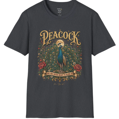 A short sleeved tee, illustration of a Peacock with full tail fan beneath a glowing moon, full-color vintage poster art with "She Was Never Meant To Blend In" banner — Wild Animals collection by Ramro Yoga Wear in Dark Heather Grey.