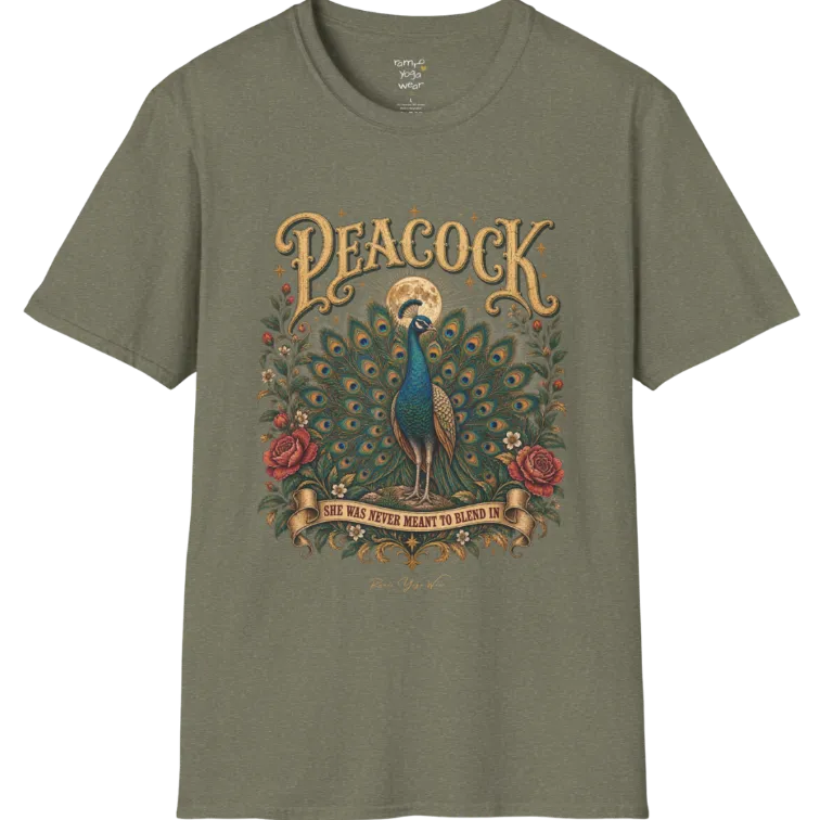 A short sleeved tee, illustration of a Peacock with full tail fan beneath a glowing moon, full-color vintage poster art with "She Was Never Meant To Blend In" banner — Wild Animals collection by Ramro Yoga Wear in Heather Military Green.