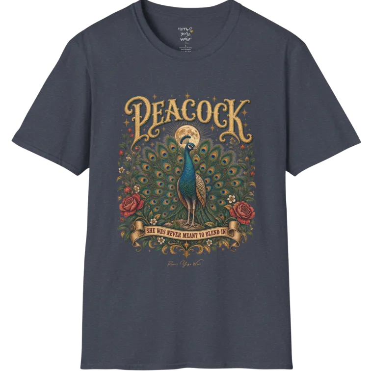 A short sleeved tee, illustration of a Peacock with full tail fan beneath a glowing moon, full-color vintage poster art with "She Was Never Meant To Blend In" banner — Wild Animals collection by Ramro Yoga Wear in Heather Navy.