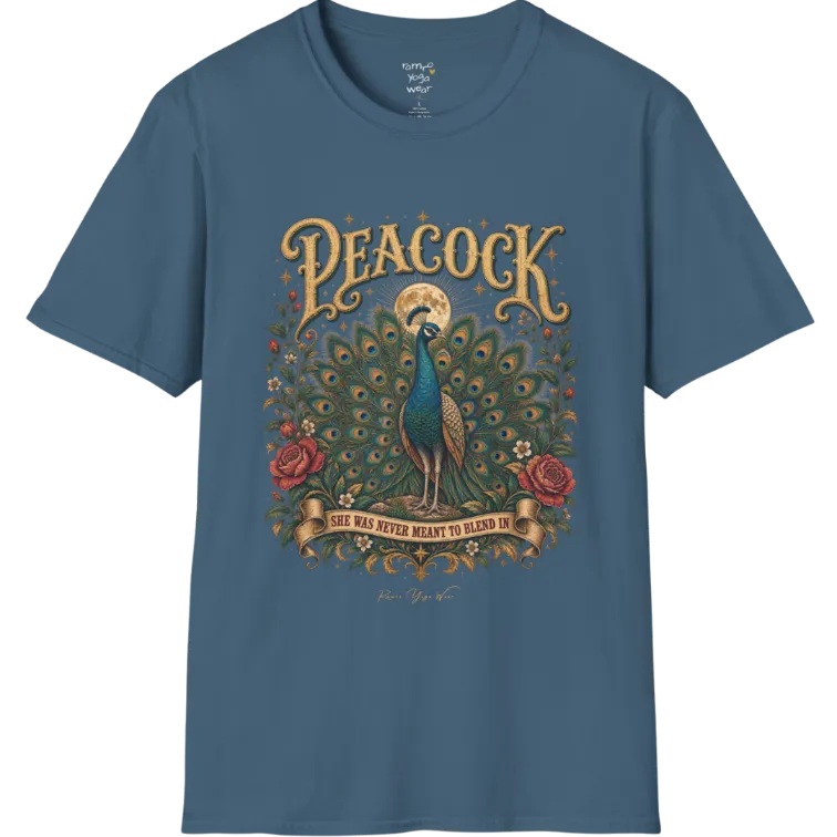 A short sleeved tee, illustration of a Peacock with full tail fan beneath a glowing moon, full-color vintage poster art with "She Was Never Meant To Blend In" banner — Wild Animals collection by Ramro Yoga Wear in Indigo Blue.