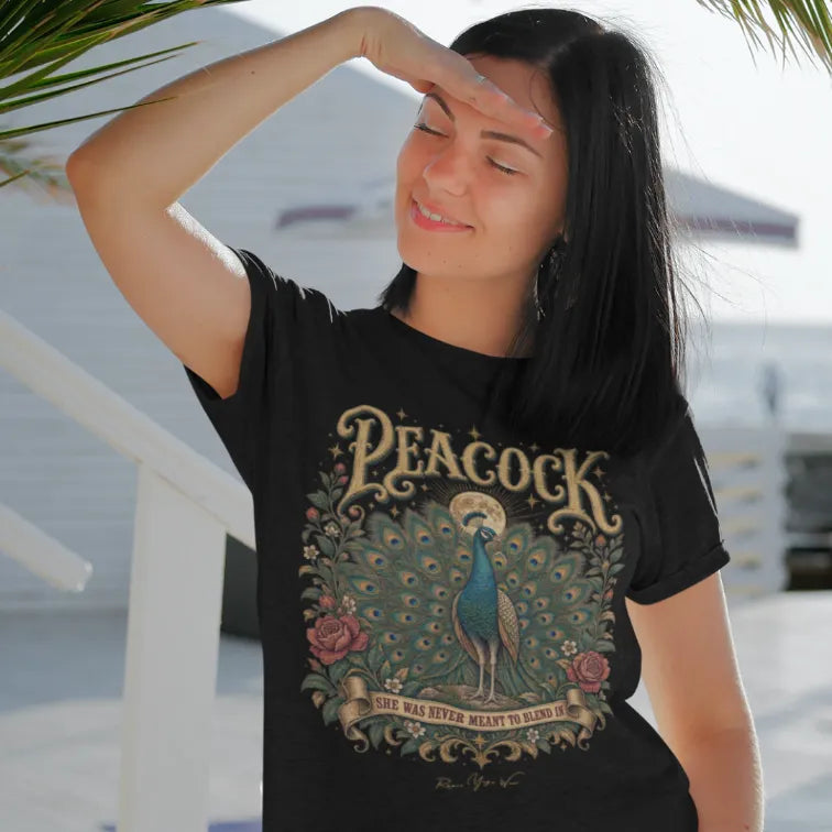 Person wearing Peacock Black tee, smiling outdoors near palm trees — Wild Animals collection by Ramro Yoga Wear