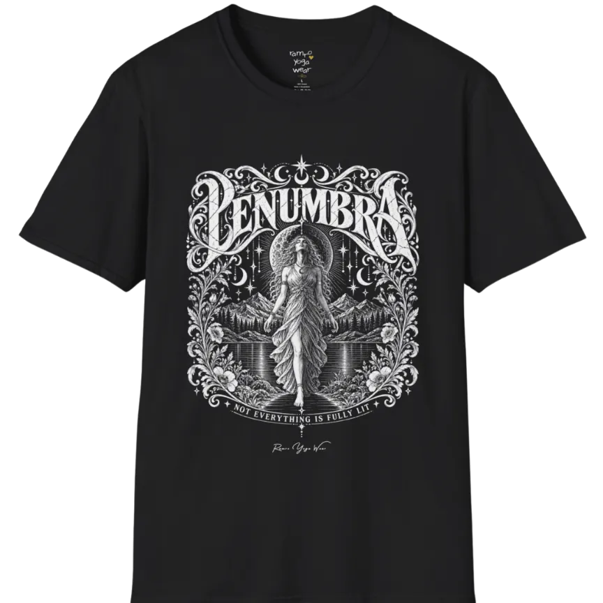 A short sleeved tee called the Penumbra T-Shirt, flat lay and a Gildan 64000 shirt. Simply says, Not Everything Is Fully Lit. Design highlights a moon goddess bathed in radiant light against a mountain backdrop, framed in ornate vintage lettering with botanical detailing. Color is Black.