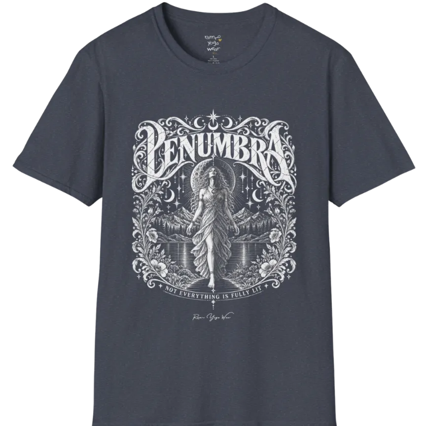 A short sleeved tee called the Penumbra T-Shirt, flat lay and a Gildan 64000 shirt. Simply says, Not Everything Is Fully Lit. Design highlights a moon goddess bathed in radiant light against a mountain backdrop, framed in ornate vintage lettering with botanical detailing. Color is Heather Navy.