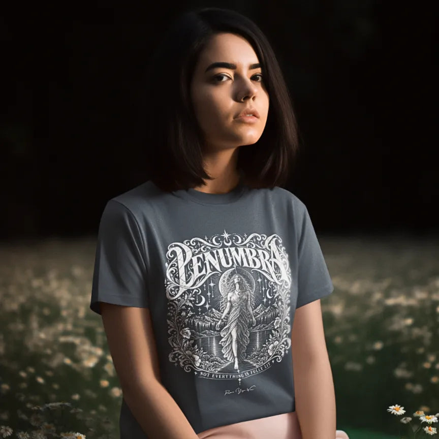 Woman wearing Penumbra T-Shirt outdoors at night, color Heather Navy.