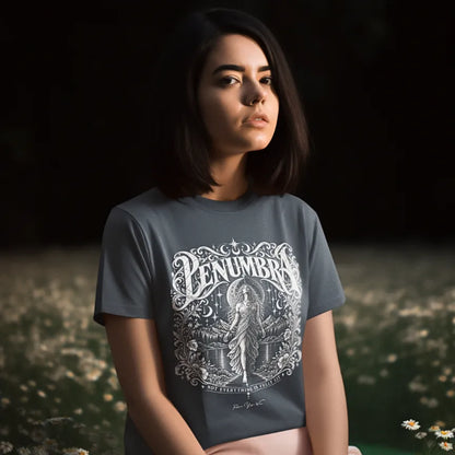 Woman wearing Penumbra T-Shirt outdoors at night, color Heather Navy.