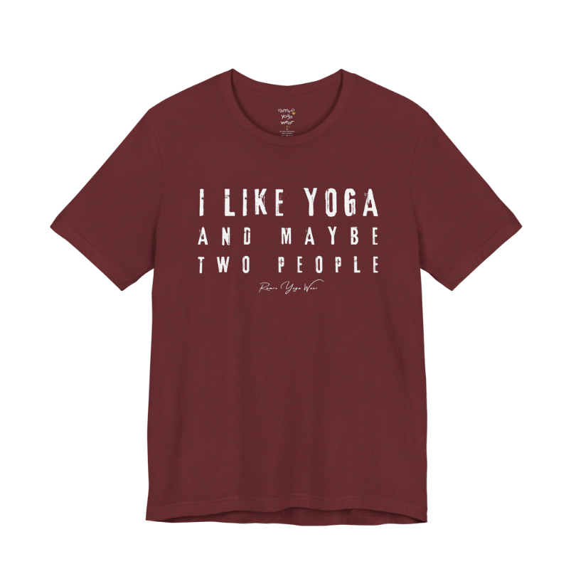 I LIKE YOGA AND MAYBE TWO PEOPLE grunge type tee — Funny Yoga Shirts collection by Ramro Yoga Wear — Heather Cardinal