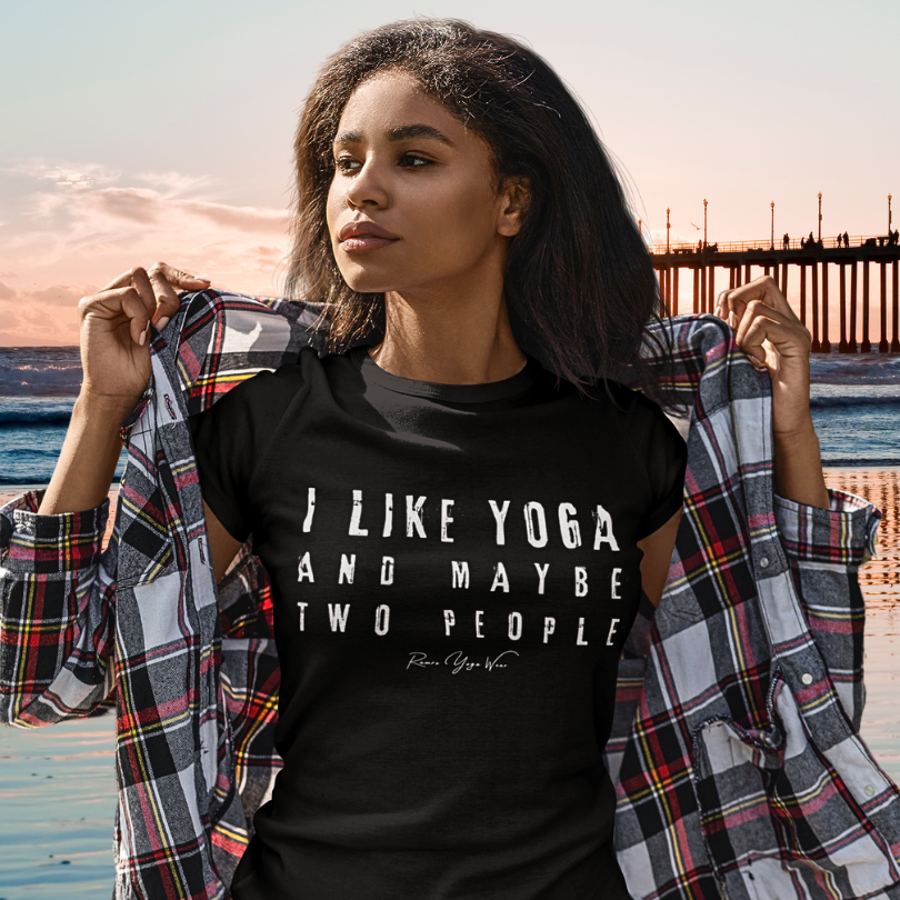 Woman wearing People black funny yoga shirt at coastal pier — Funny Yoga Shirts collection by Ramro Yoga Wear