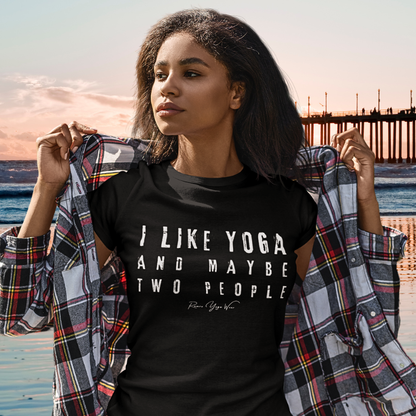 Woman wearing People black funny yoga shirt at coastal pier — Funny Yoga Shirts collection by Ramro Yoga Wear