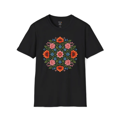Petal Prism T-Shirt, floral mandala design — The Vault collection by Ramro Yoga Wear, Black.