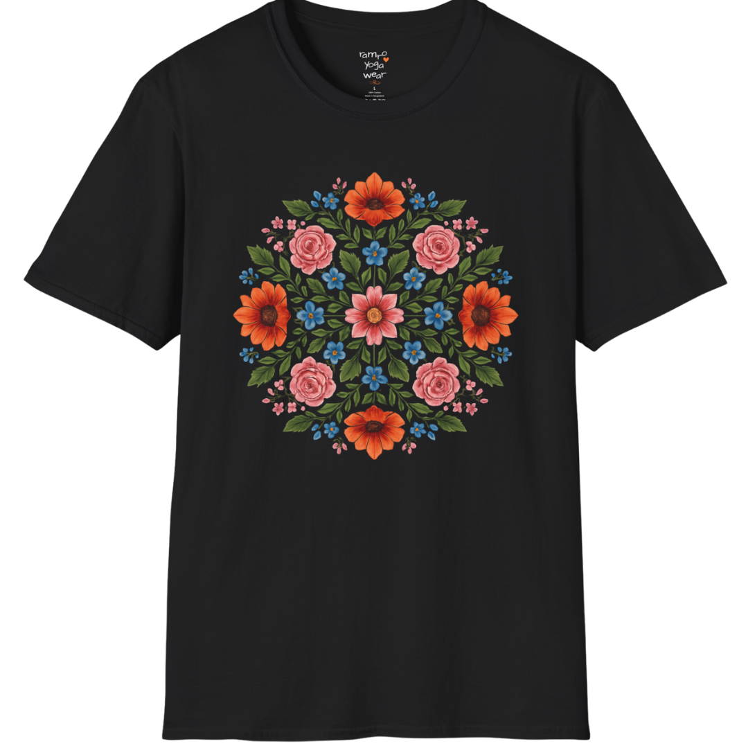 Petal Prism T-Shirt, floral mandala design — The Vault collection by Ramro Yoga Wear, Black.