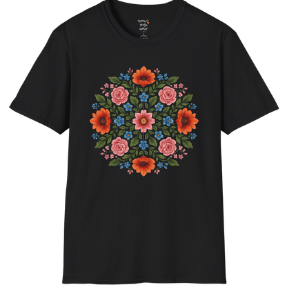 Petal Prism T-Shirt, floral mandala design — The Vault collection by Ramro Yoga Wear, Black.