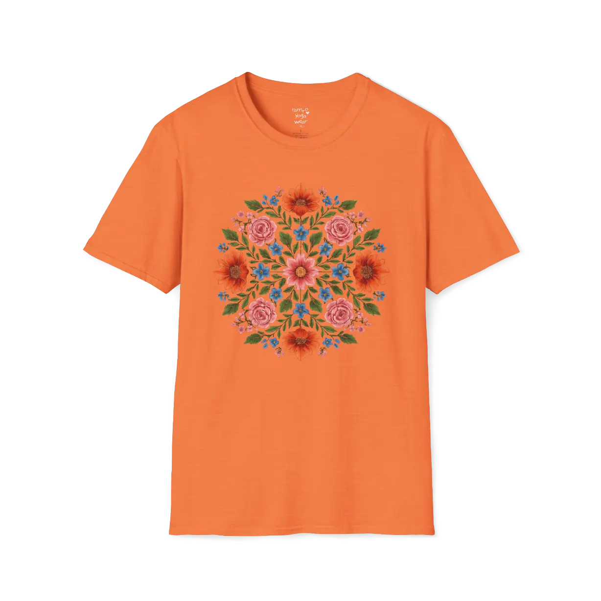 Petal Prism T-Shirt, floral mandala design — The Vault collection by Ramro Yoga Wear, Heather Orange.