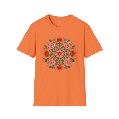 Petal Prism T-Shirt, floral mandala design — The Vault collection by Ramro Yoga Wear, Heather Orange.